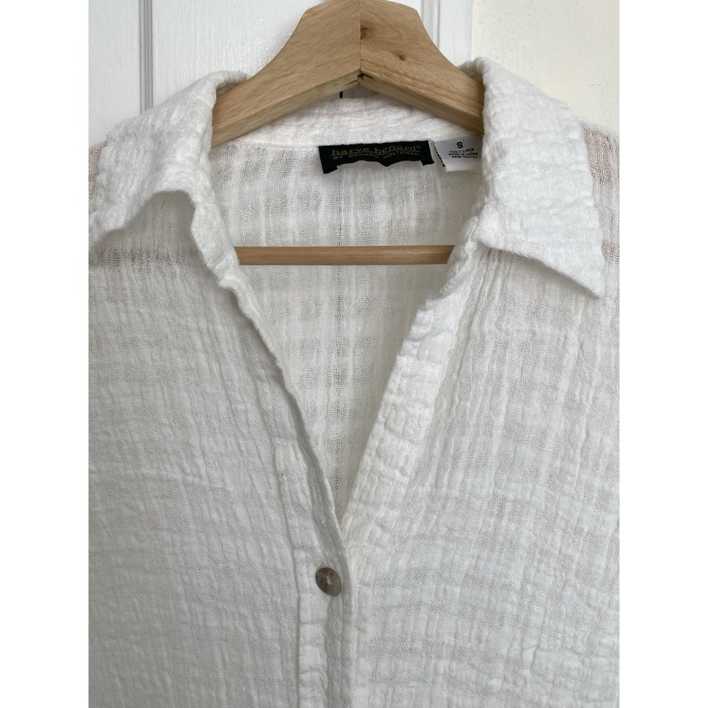 Harve Benard Women's S White 100% Gauzy Linen Roll Tab Sleeve Button Up Shirt - Picture 3 of 7